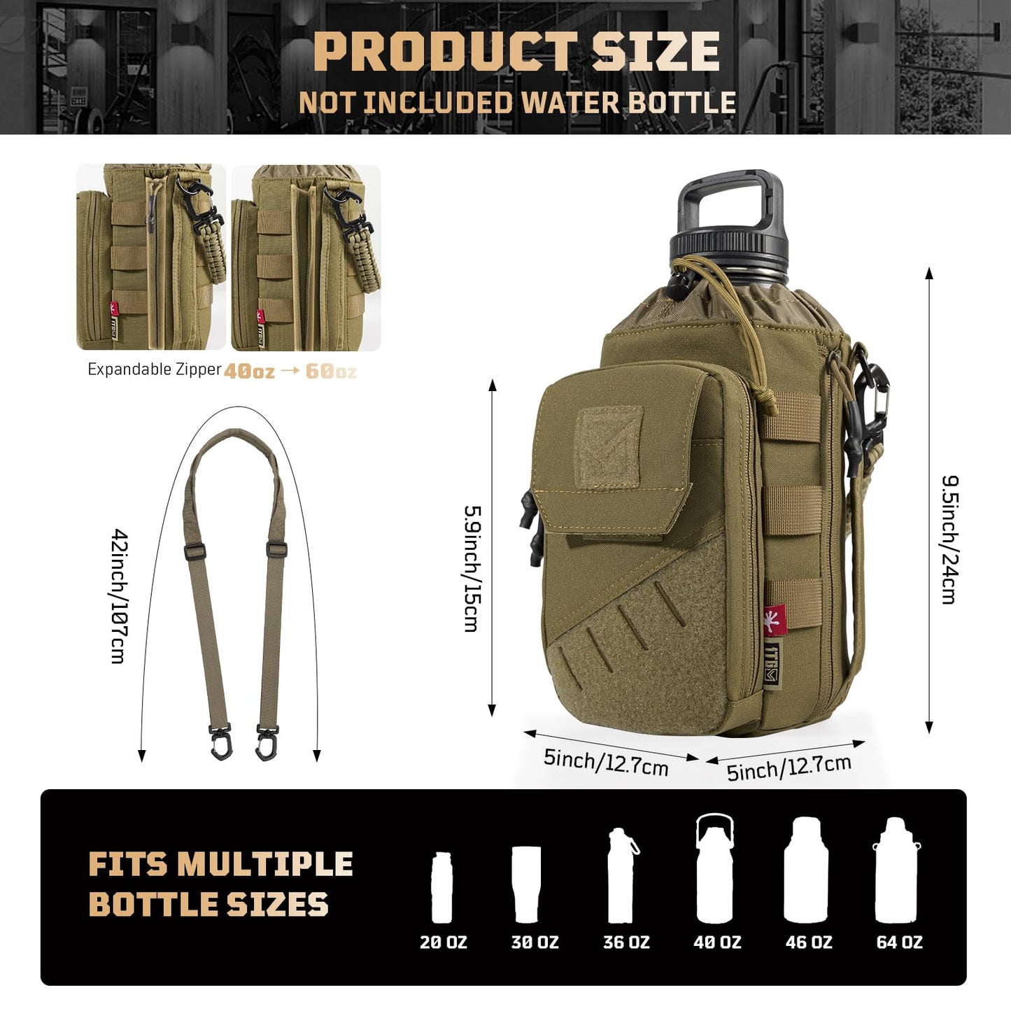 1TG Tactical Magnetic Gym Bag for Men,Magnetic Gym Water Bottle Bag with Phone Pockets&40 64oz Multiple Size, Water Bottle Holder with Adjustable Shoulder, Ideal for Fitness,Sports,Travel(Brown)
