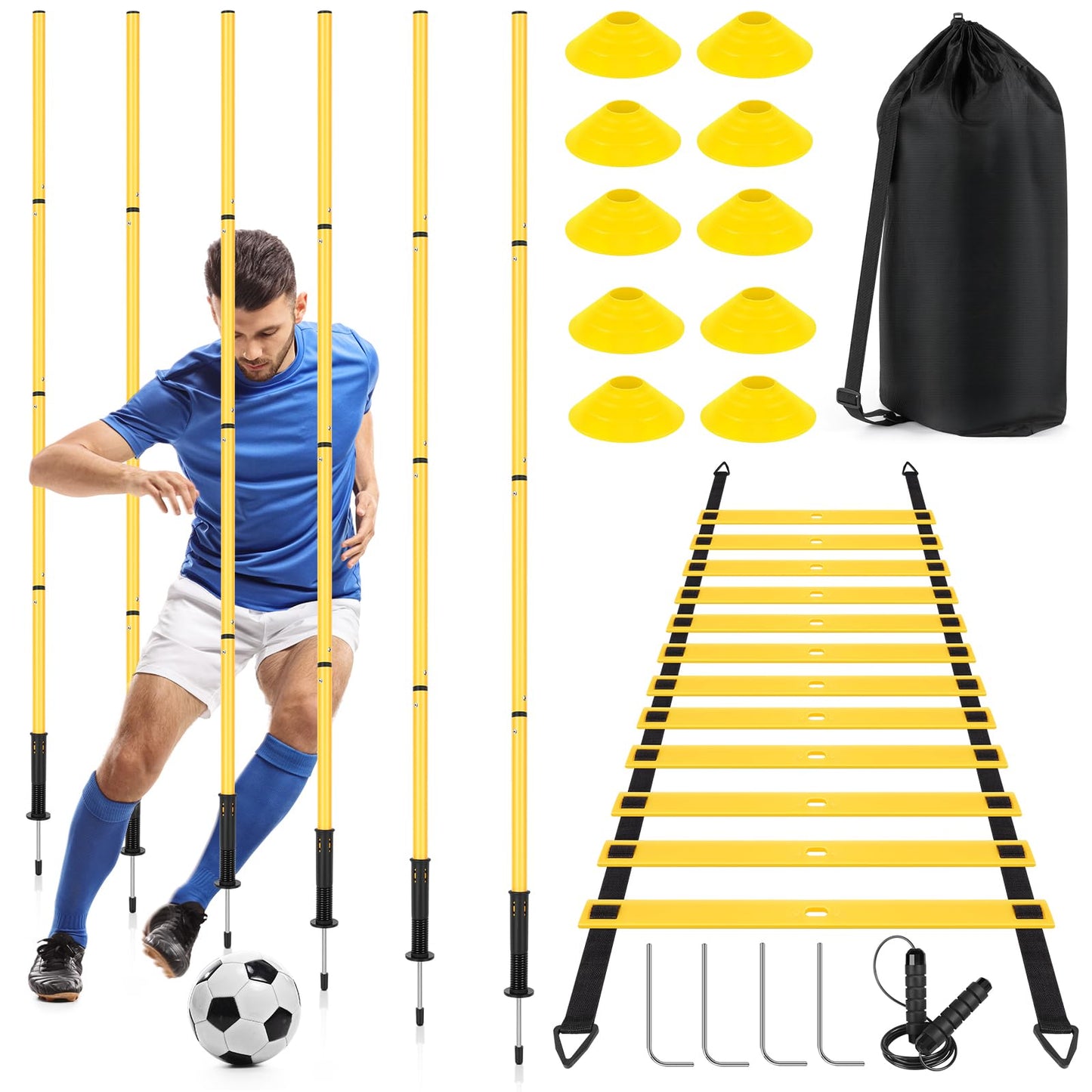 SMTPDT Soccer Agility Training Equipment: 6 Soccer Agility Poles, 20ft Agility Ladder, 10 Soccer Cones, 1 Jump Rope. Soccer Training Poles for Speed Training, Agility Training