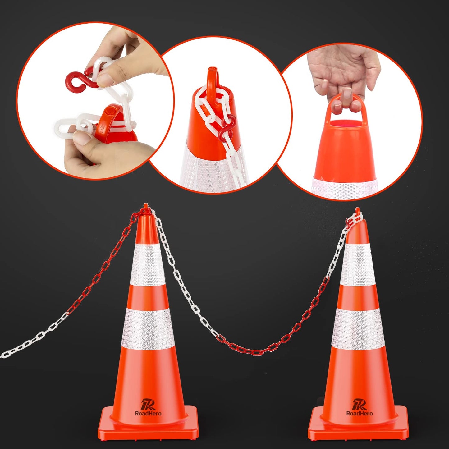 RoadHero 10 Pack Traffic Cones 28 Inch Safety Cones with Reflective Collar Orange Cones with Handle Plastic PVC Heavy Duty Cones for Parking Lot, Driving Training