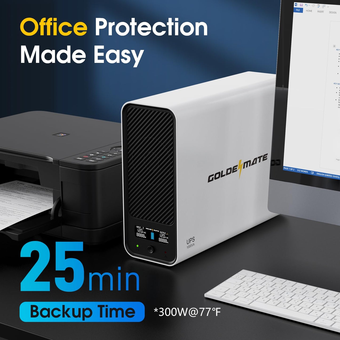 GOLDENMATE 1000VA/600W Lithium UPS Battery Backup and Surge Protector, Sinewave UPS System with LiFePO4 Battery(153.6 Wh), Upgraded Pro Ver. with Communication Port, 8 Outlets, LCD Display, White