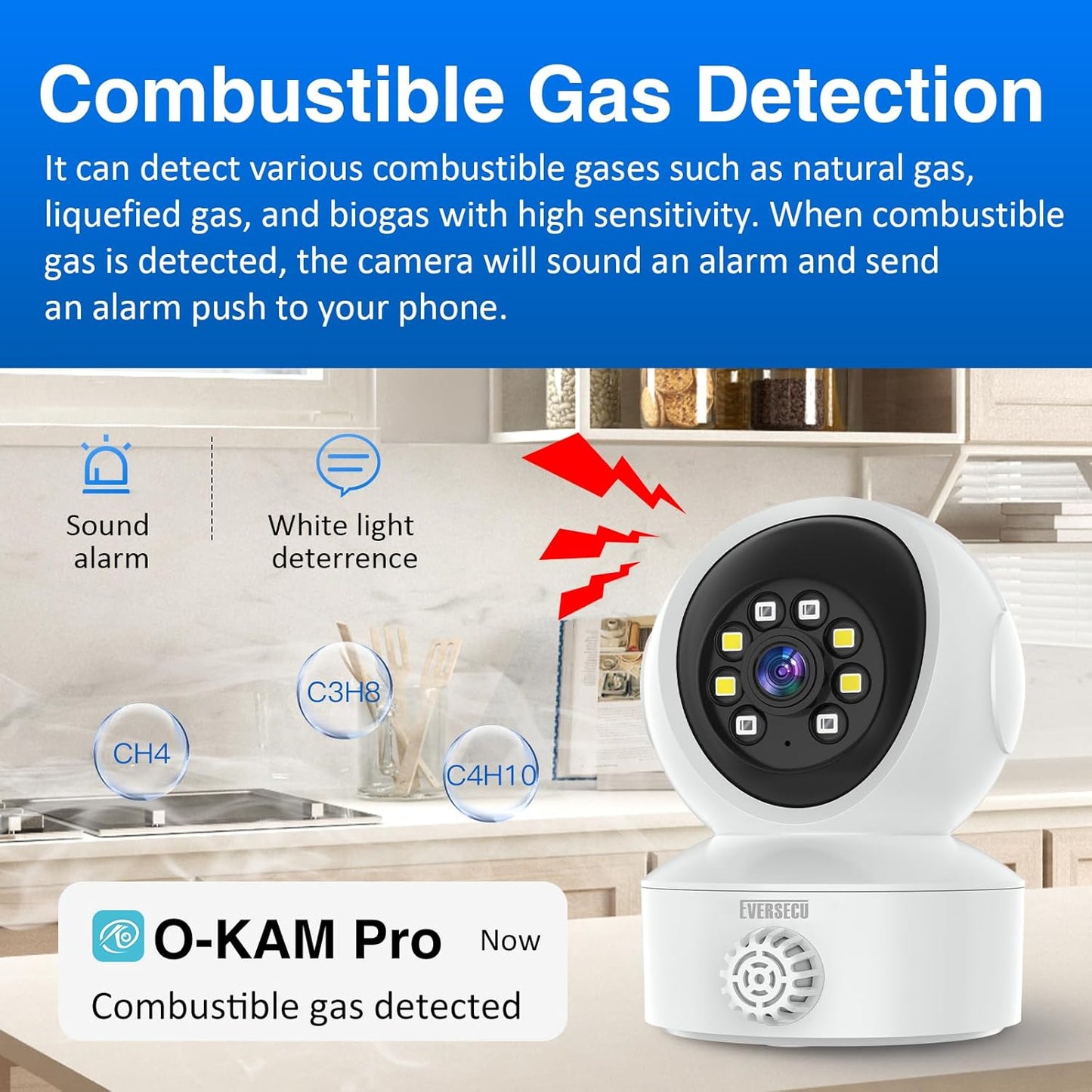 EVERSECU 2 Smoke & Gas Detection Home Security Camera with Sound Alarm & Real Time Alert, Humanoid Auto Tracking, Way