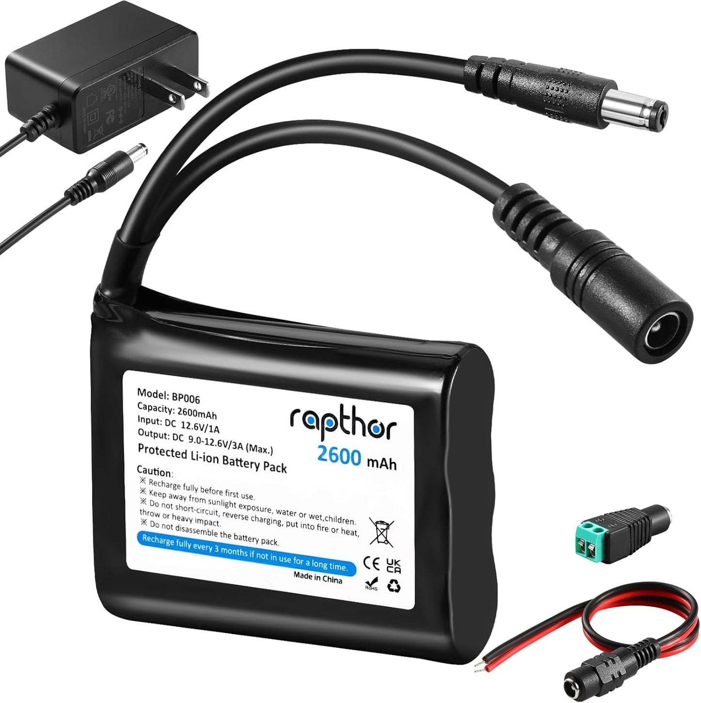 rapthor 12V 2600mAh Pack 12.6V 3A Rechargeable Li-ion Battery with Charger, Max DC Output Portable Battery for LED