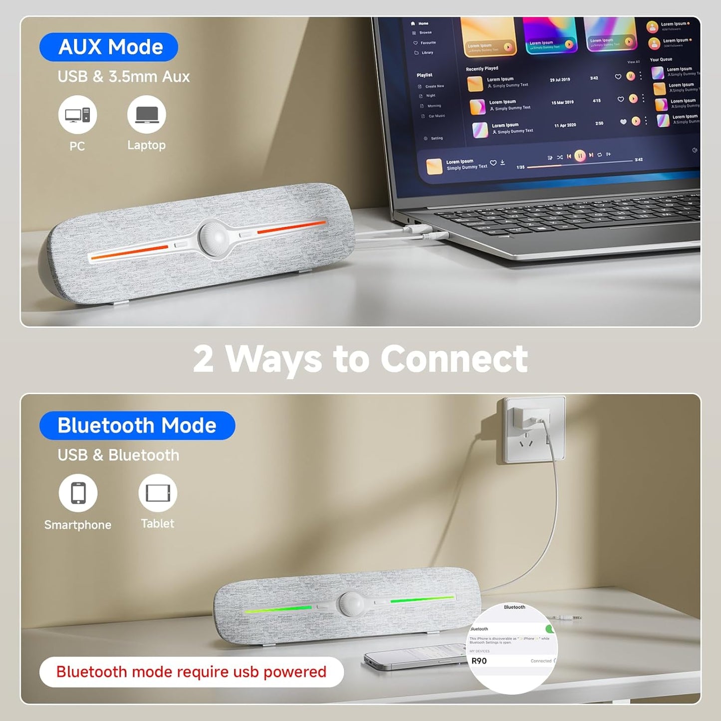 SOULION 3.5mm Computer Speakers for Desktop, USB Powered Bluetooth PC Speaker with Led Light, Aux Soundbar with Rotary
