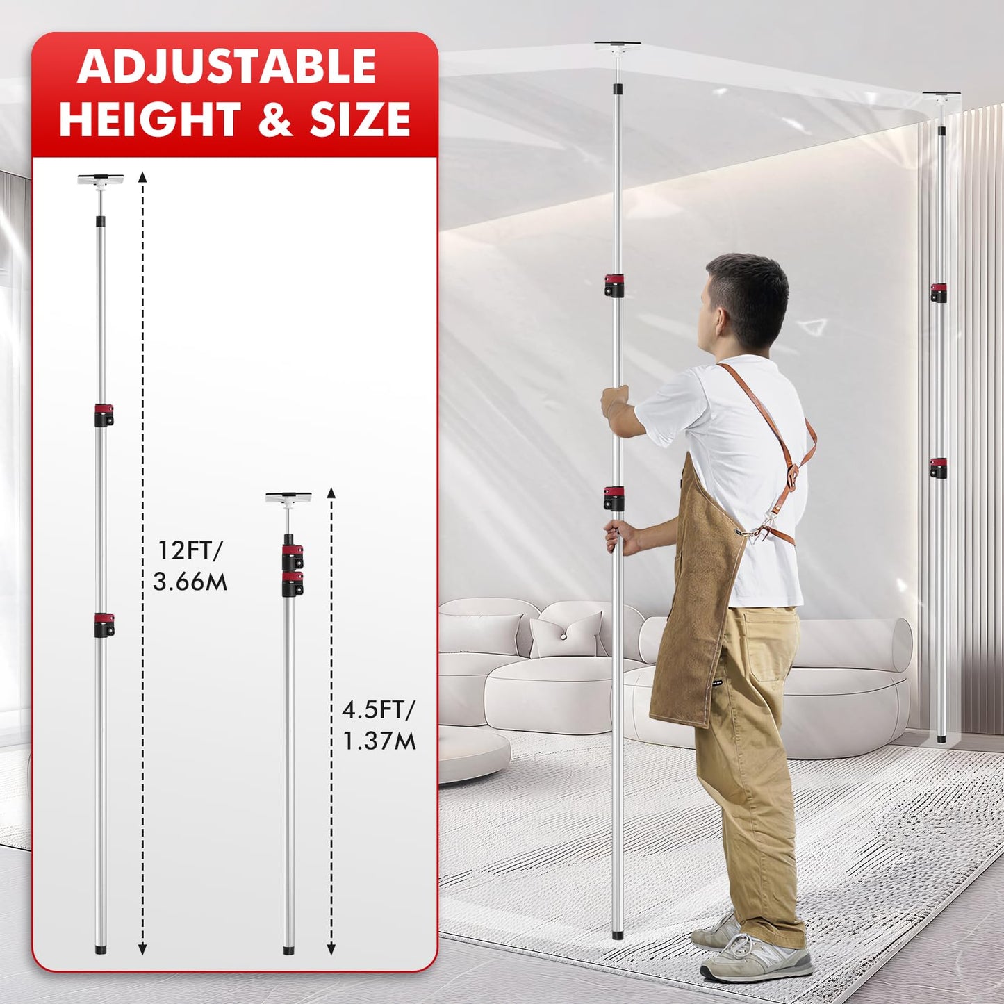 12FT Dust Barrier Poles 4 Pack withCarry Bag, Stainless Steel Retractable Zipper Wall Poles Kit for Renovation, Remodeling and Isolation Work