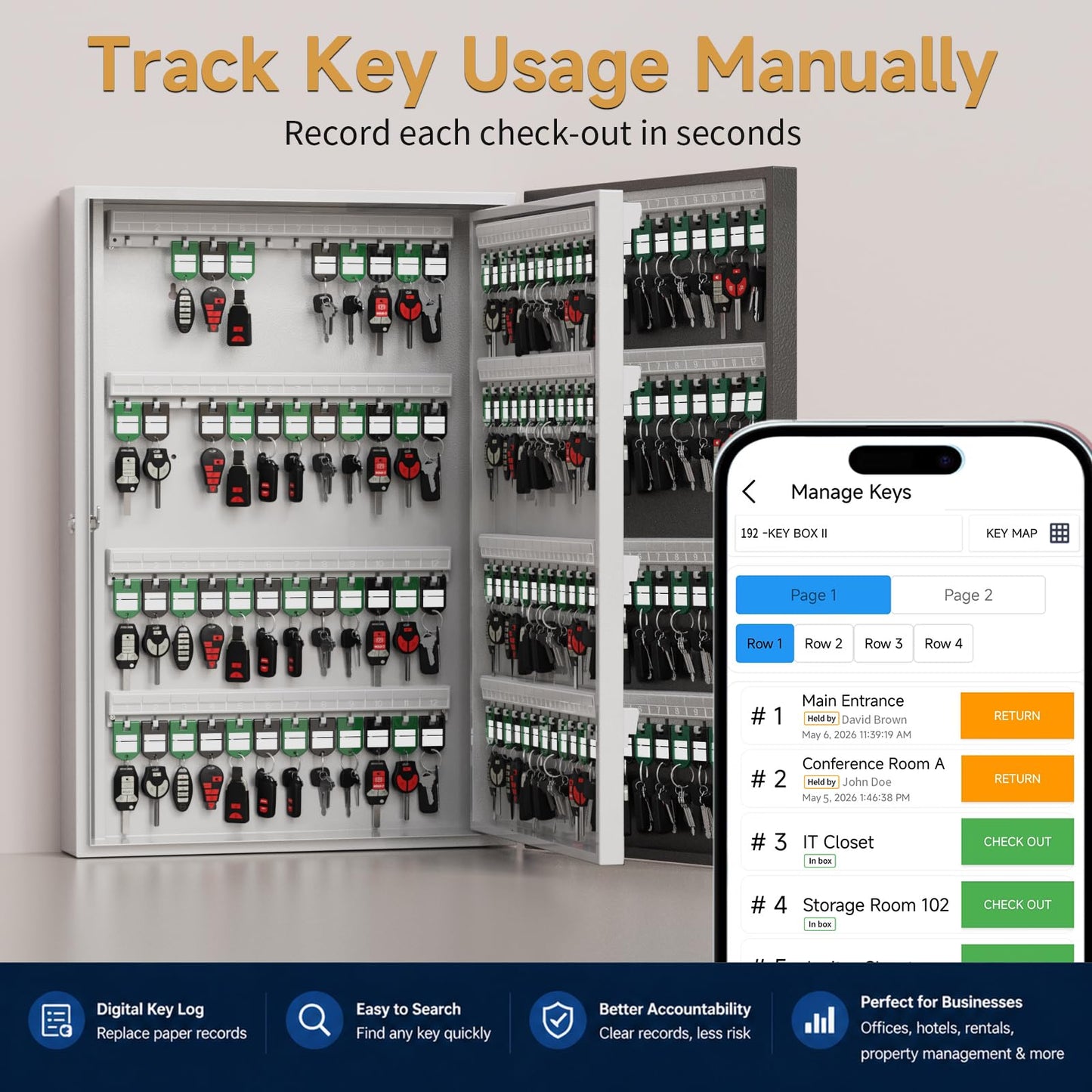 DiDiHer192-Key Smart Key Lock Box with Key Management App(Track Key Borrow/Return), Keypad, Bluetooth & WiFi Unlock (Sold Separately), Wall-Mount Commercial Key Cabinet for School, Rental, Office