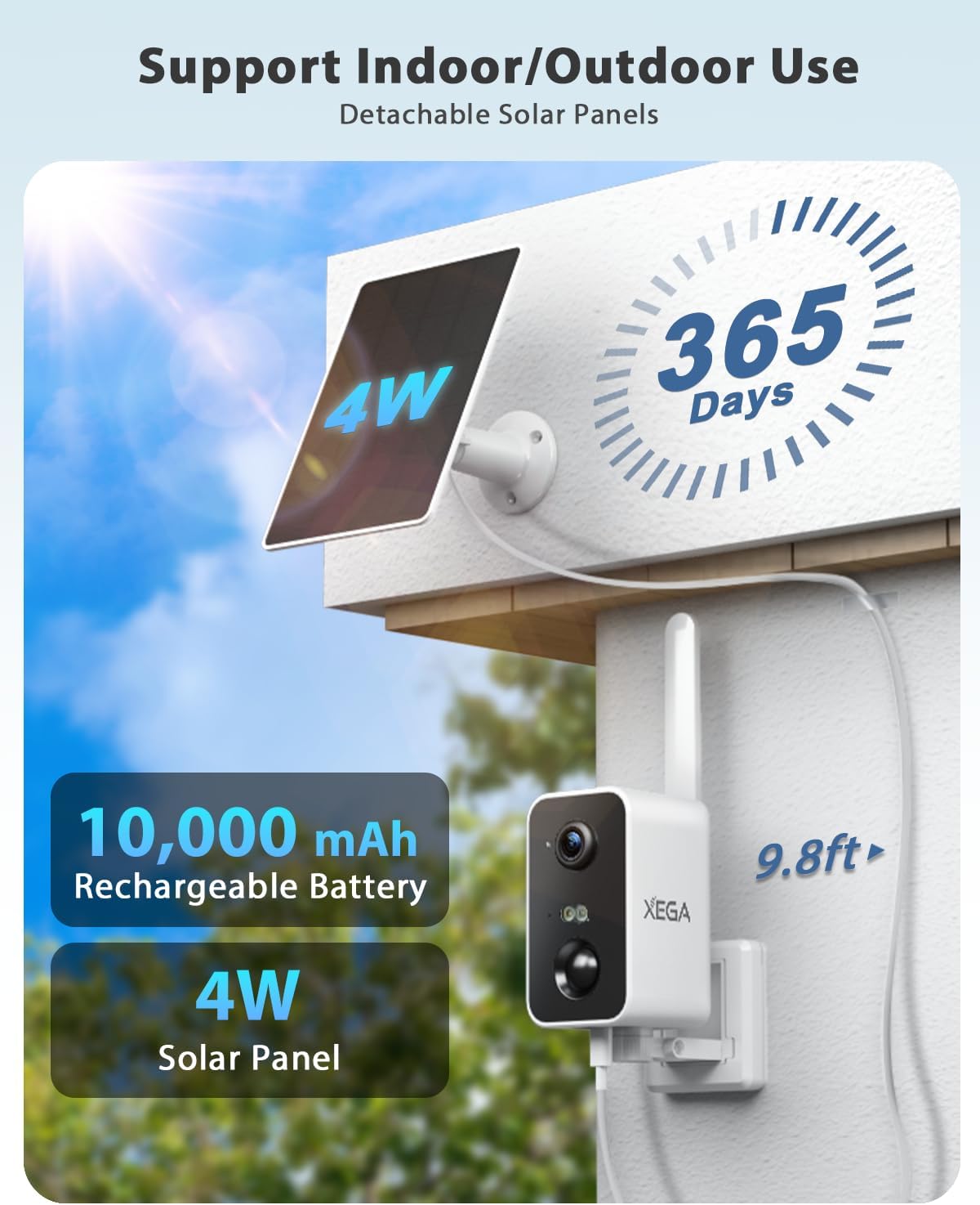 Xega 4G 10000mAh 180, 2K 2-Way IP66, Cellular Security Camera: Battery, No WiFi Need, Pan Motion Detection, Color Night