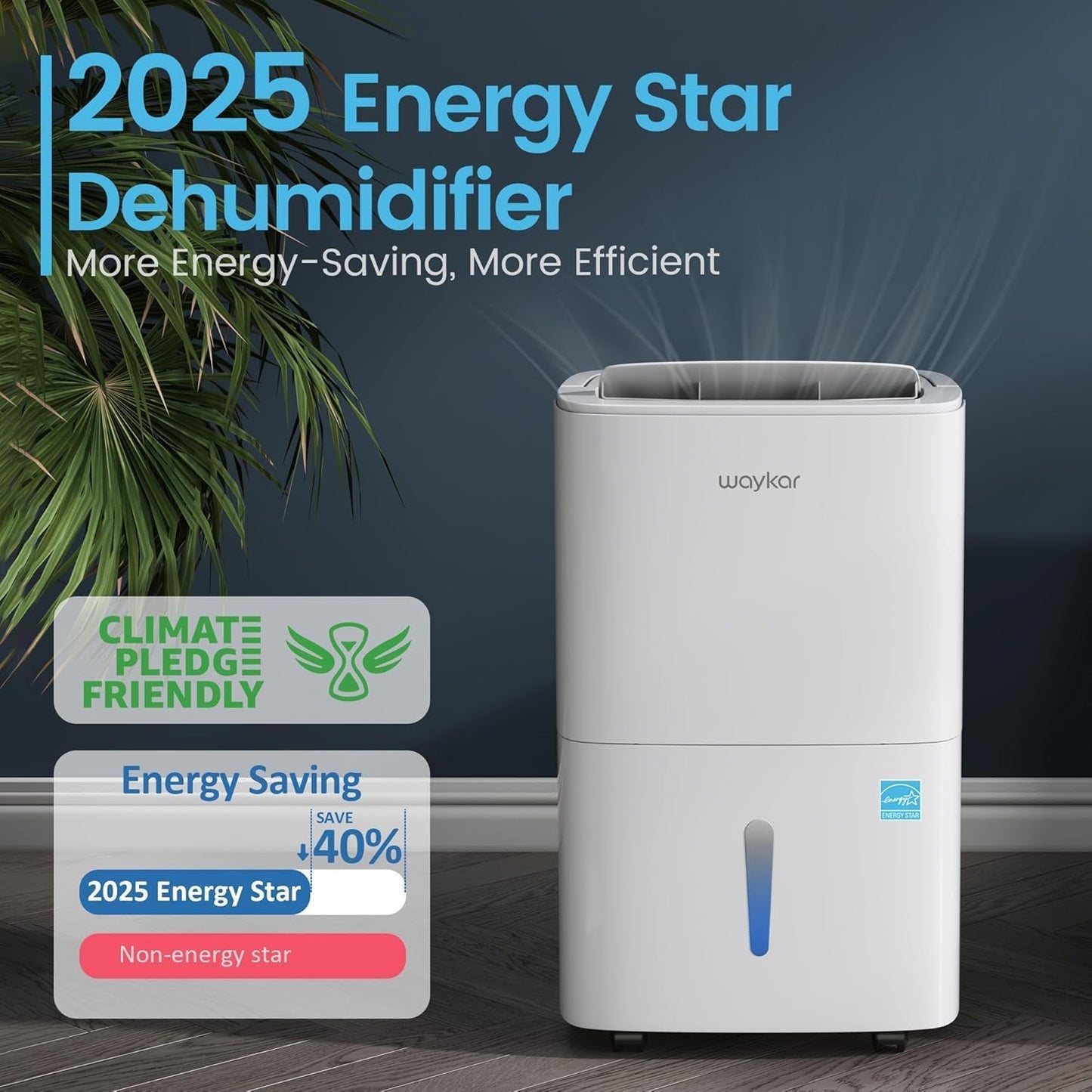 Waykar 6,500 Sq. Ft. 120 Pints 2025 Energy Star Dehumidifier for Home and Basement with Auto or Manual Drainage, Portable, Auto Defrost and Self-Drying, Ideal for Large Rooms