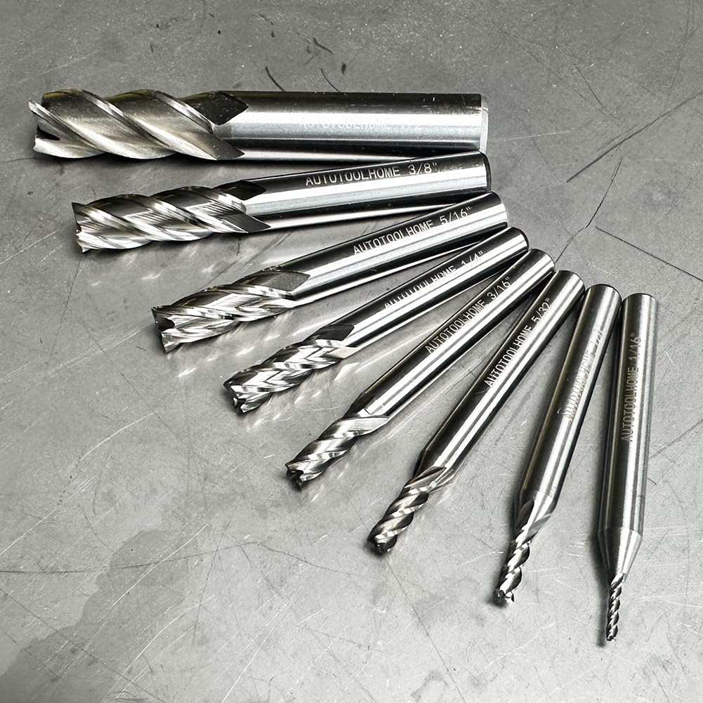 AUTOTOOLHOME 1/8" 3/16" 1/4" 5/16" 3/8" 1/2" high Speed Steel HSS 4 Flute Straight End Mill Cutter 5/32" 1/16" Set of 8