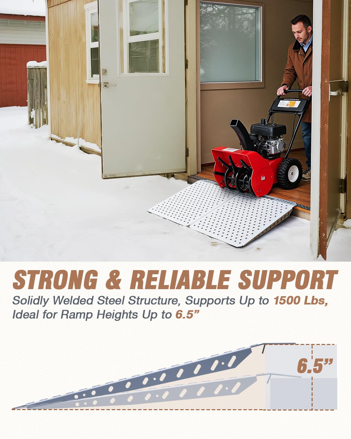 Lupar Heavy-Duty Shed Ramp for Riding Mower, Ramps for Sheds Entrance Garage Threshold Lawn Mowers Wheelchairs Tractor Snow Blower Garden Cart, 1500LBs Loading Anti-Slip Punch Plate Metal Ramp - 2 PCS