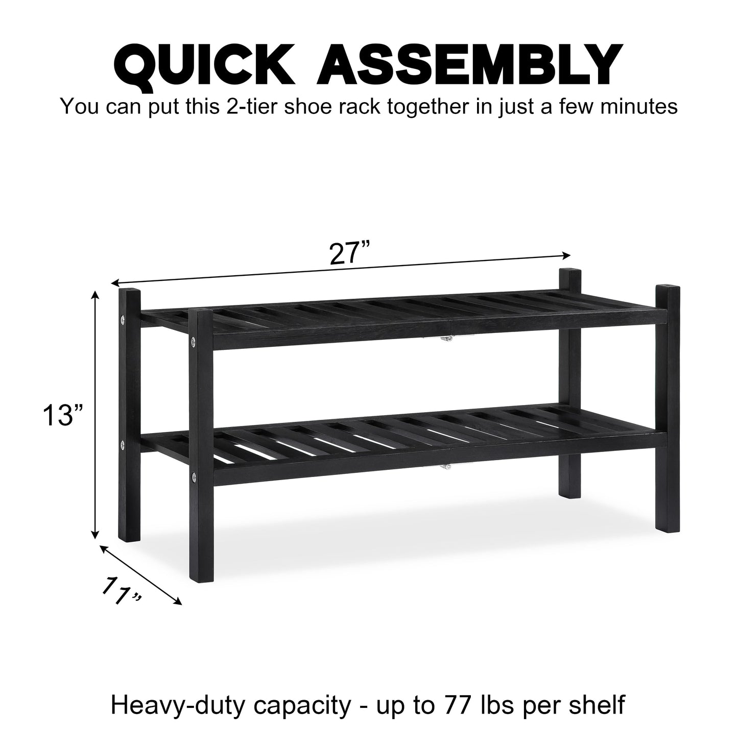 VICTORY RELAX 2-Tier Acacia Wood Shoe Rack - Stackable Entryway Organizer for Closet, Entryway, Easy Assembly, Indoor/Outdoor Storage Stand (Black)