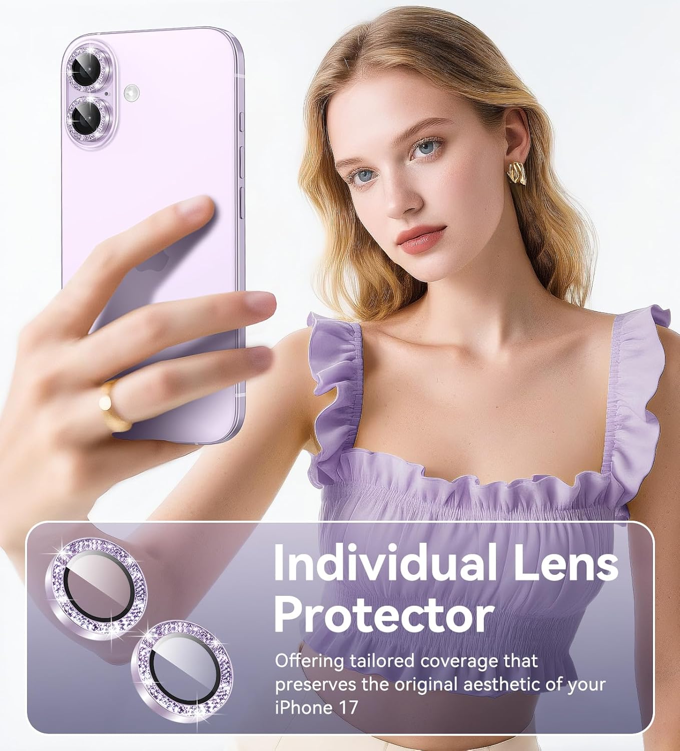 17 9H Matekxy for iPhone Camera Lens Protector Glitter - Cute Girly Metal Individual Bling Ring Cover for Women