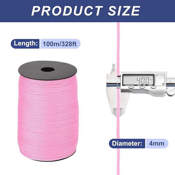 MECCANIXITY 5/32 Inch Polypropylene Rope Braided Ropes, 328ft Camping Rope Hollow Utility Cord for Clothesline, Hiking, Outdoor, Light Pink