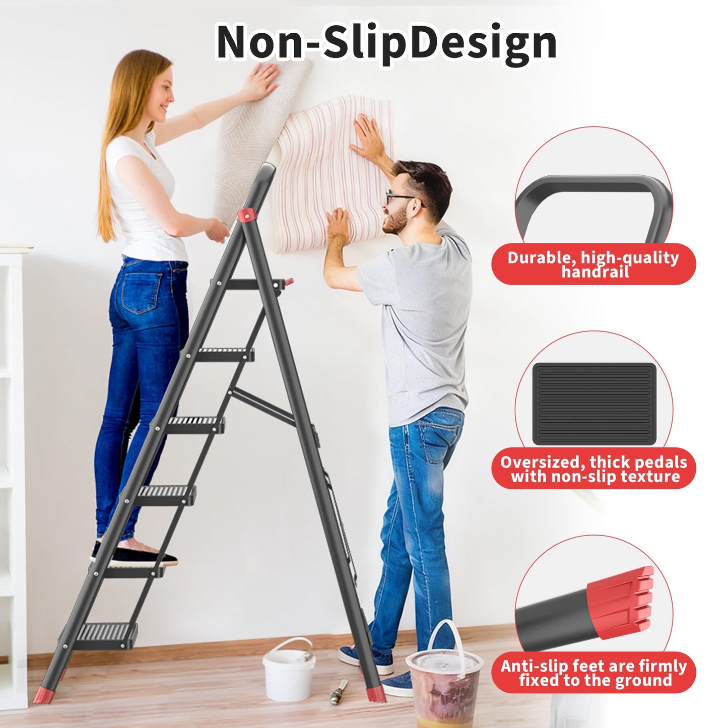 DIAMONDFORGE 6-Step Folding Step Stool Ladder with Handle, Anti-Slip Wide Pedals & Feet, 800lbs Capacity Sturdy Ladder for Home Kitchen Adults, Black Red