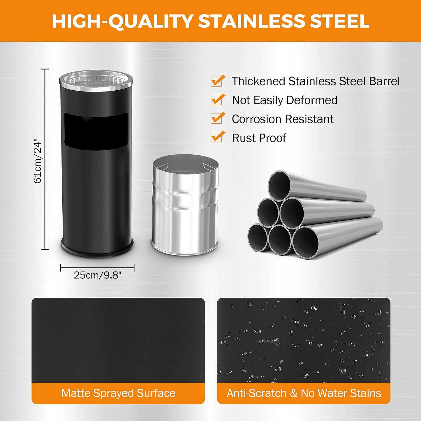 BEAMNOVA 35.5 * 15.8 * 15.8in Matte Black + 9.8 * 24 in Black Trash Can Outdoor Top Tray Stainless Steel Commercial Garbage Enclosure