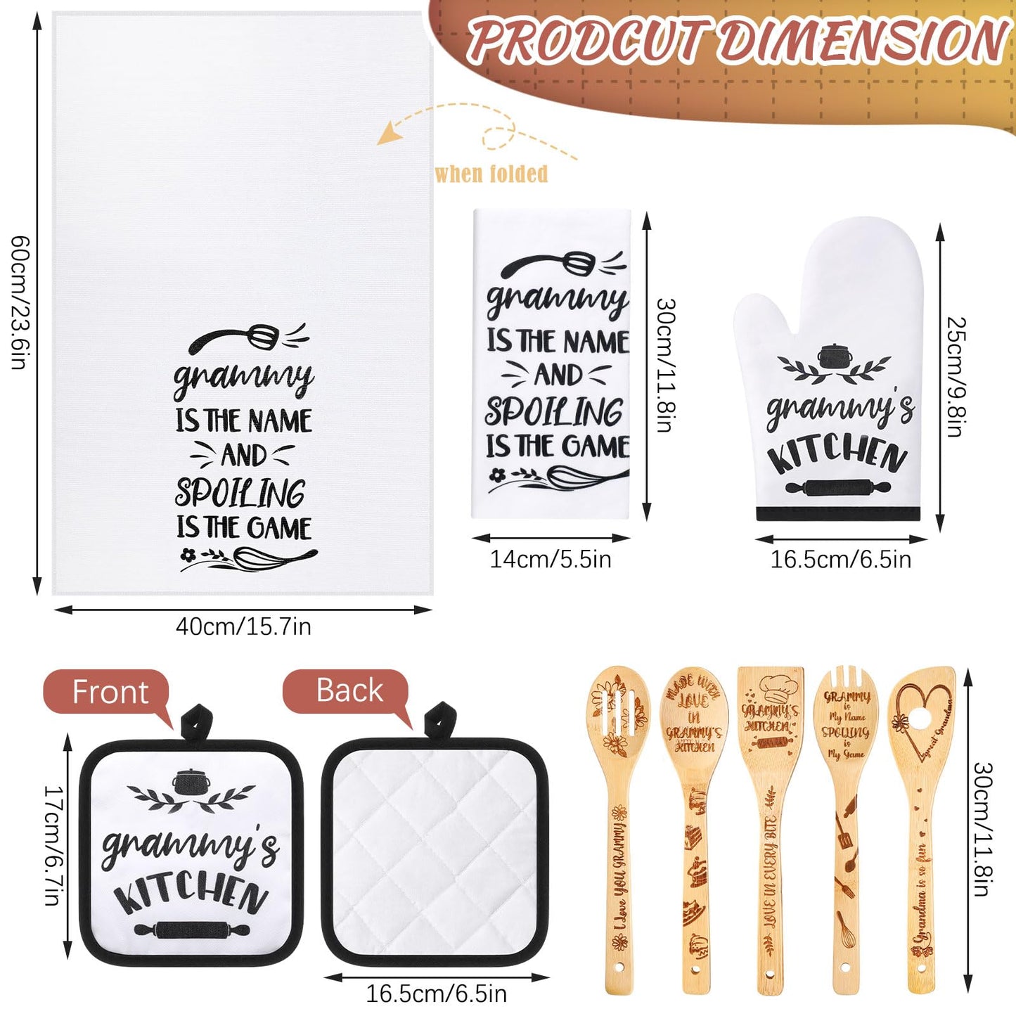 Leyndo 10 Pcs Mother's Day Grammy Kitchen Gifts Set Include Apron Tea Towel Tea Spoon Pot Holder Oven Mitt Bamboo Kitchen Spatula Cooking Baking