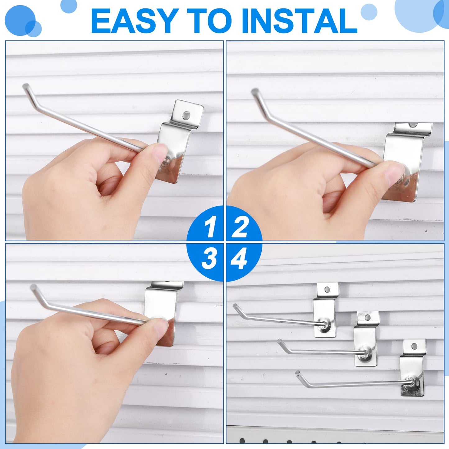 Moxweyeni 100 Pack Slatwall Hooks, 6 and 8 Inch Slatwall Accessories, Metal Panel Wall Hooks Pegs Hanging Hangers Thickness Slat Pegs for Garage Shop Retail Display(Silver)