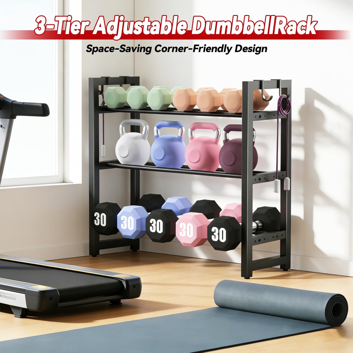 3-Tier Small Weight Rack for Home Gym, Adjustable Dumbbell Rack 450LBS Capacity with Side Hooks, Space Saving Workout Equipment Storage Organizer, Tool-free Assembly
