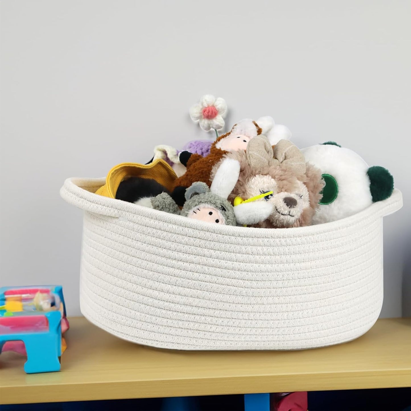 Skiennix Woven Storage Basket - Cotton Rope Boho Organizer with Handle | Small Decorative Toy Bin for Nursery