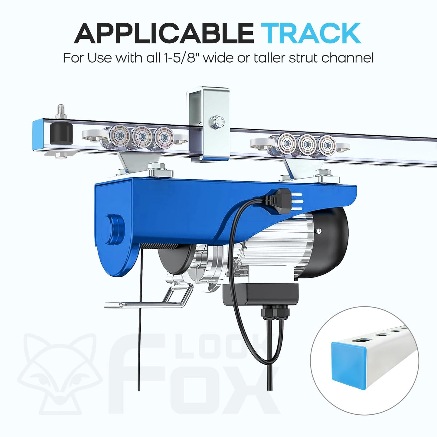 LookFox 6+2 Wheel Hoist Trolley with Roller Limit, Unistrut Trolley Kit for Electric Hoist, Anti-Lock & Anti-Fall, Use with All 1-5/8" Wide or Taller Strut Channel, for Garage/Workshop Silent Systems
