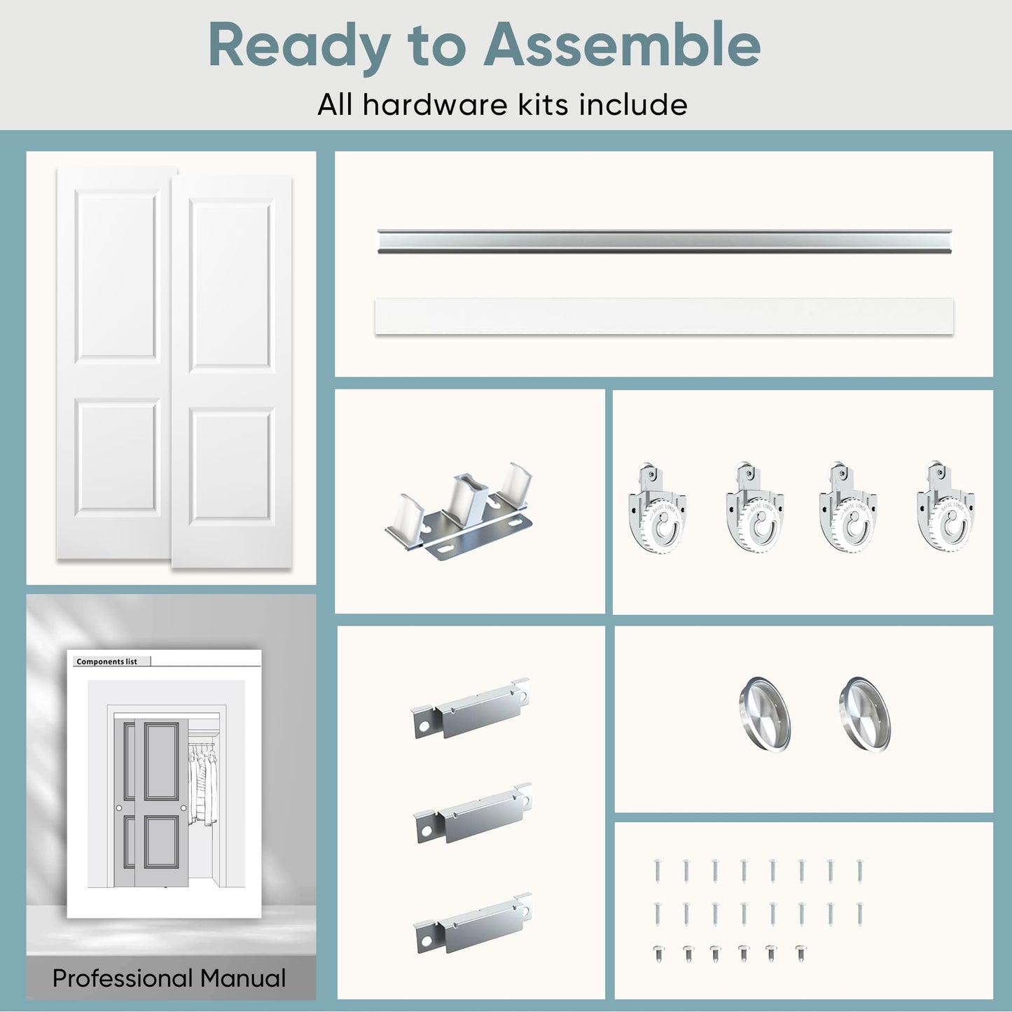 JUBEST 48x80 in Sliding Closet Door, Raised 2-Panel Square Top White Primed Hollow Core Door Slab with Hardware Kits & Matching Fascia, Pre-drilled & Paintable, Space-Saving for Bedroom Laundry
