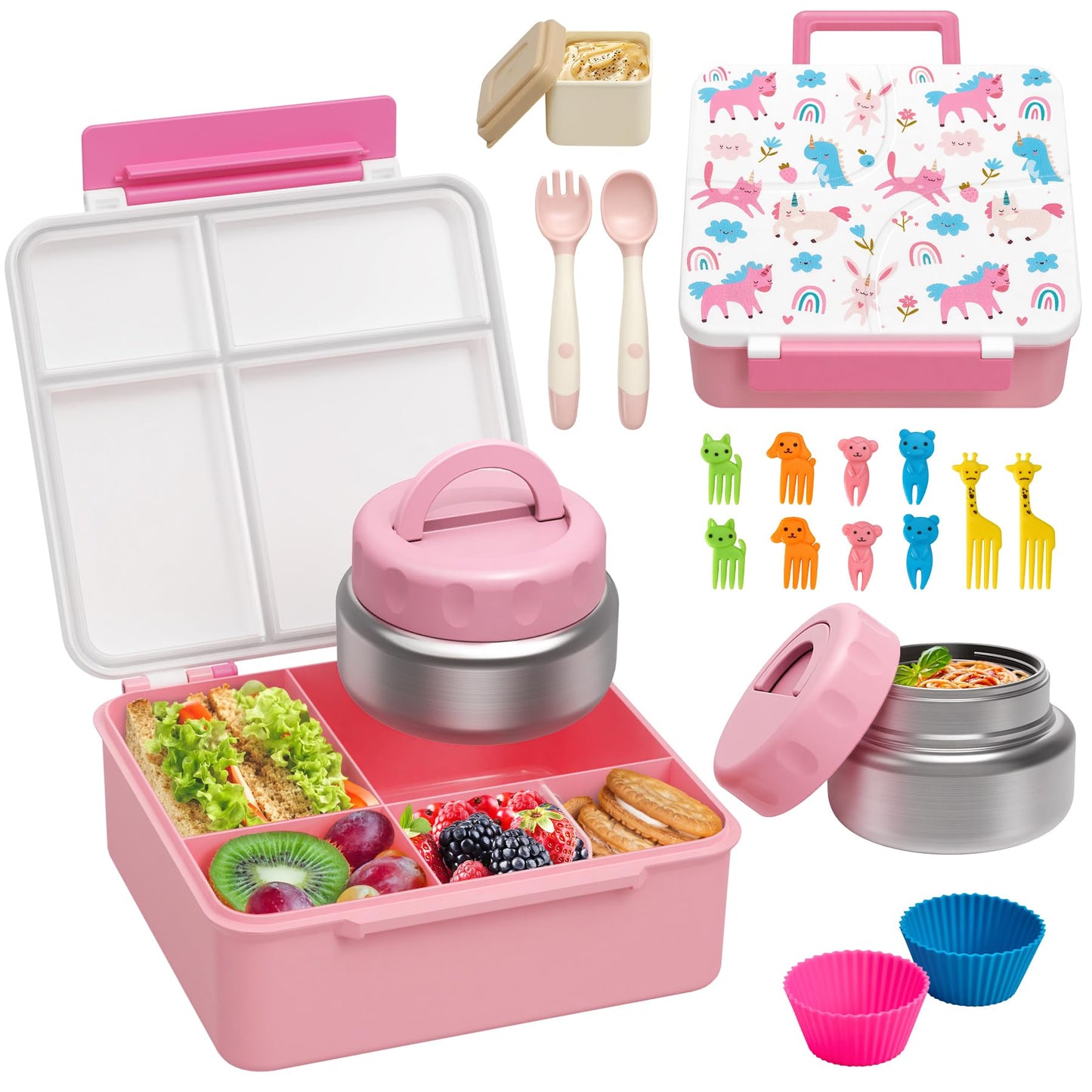 Bento Lunch Box with 9.5 oz Soup Thermo, Kids Leakproof 4 Compartments Bento Box with Silicone Cupcake,Fruit Fork,Spoon and Sauce Cup,Insulated Food Jar for School Travel-Rainbow Horse