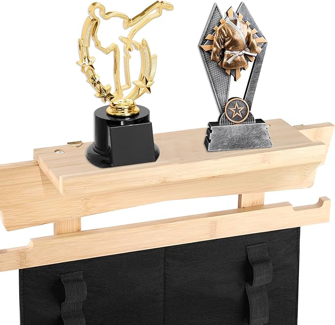 JUXYES Wall Hanging Martial Arts Belts Organizer with Trophy and Medal Display Rack, Bamboo Karate Belt Display Holder Rack, Wall Mounted Taekwondo Belt Display Holder for Martial Arts Learners