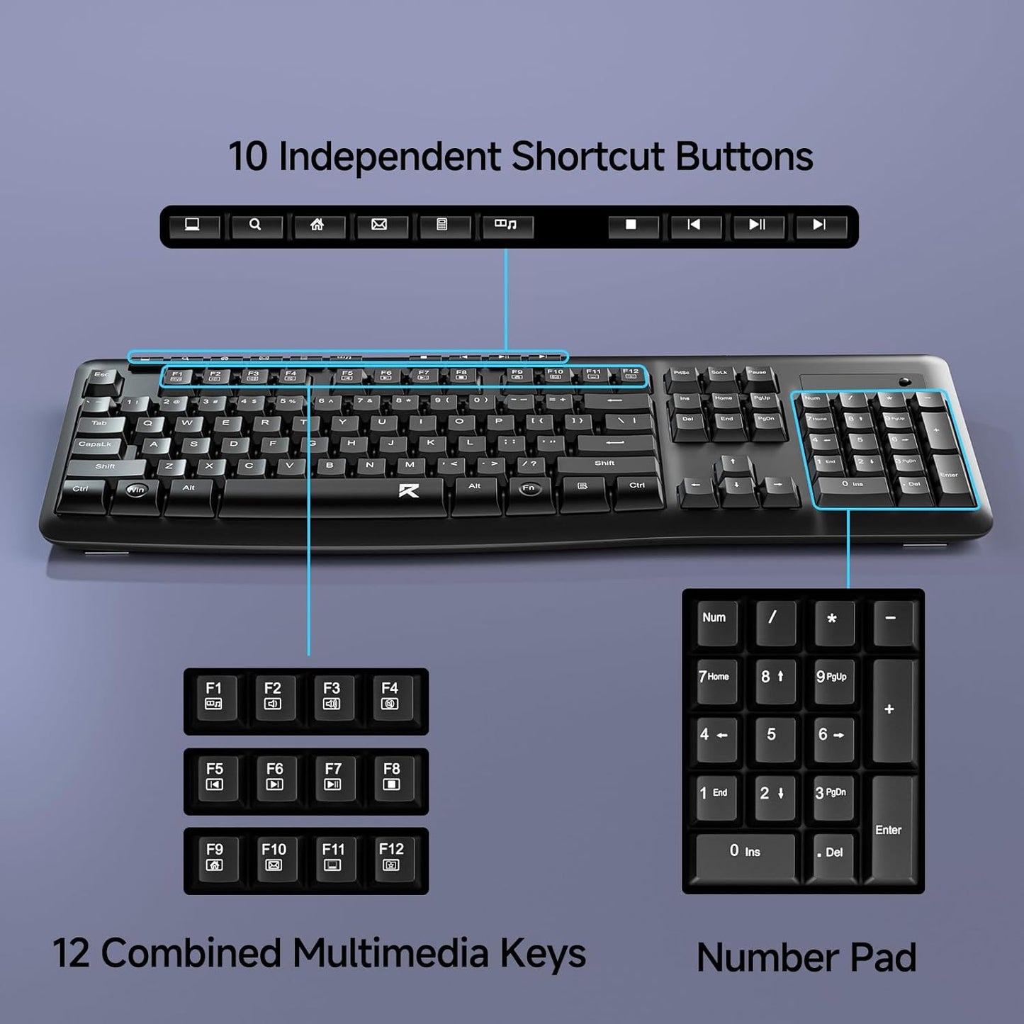 Redragon 2.4G 10 BK7367 Wireless Keyboard, Full-Sized Ergonomic Wireless Computer Keyboard with Individual Multimedia