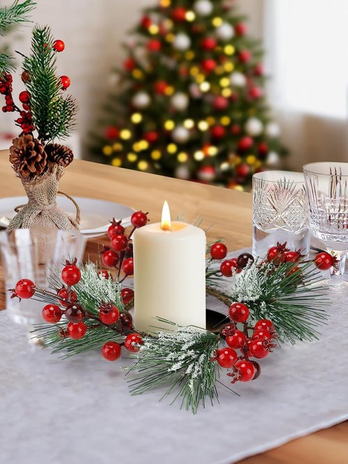 Christmas Candle Rings | Festive Wreath Garland for 3" Dia Pillar Candles with Red Berries