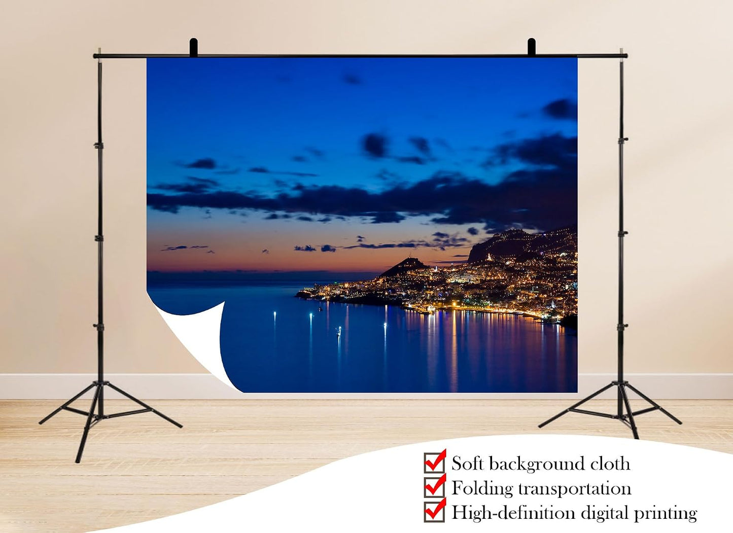 UPXIO 10x7ft Coastal City Night Lights Backdrop Funchal Harbor Reflection Scenery Photo Background Tapestry