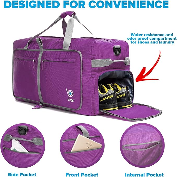 Bago Big XXL Foldable Duffel Bags for Traveling Women & Men - 140L Packable Duffle Bag for Travel with Shoe Compartment - Water Repellant, Heavy Duty, Lightweight Folding & Collapsible (Purple)
