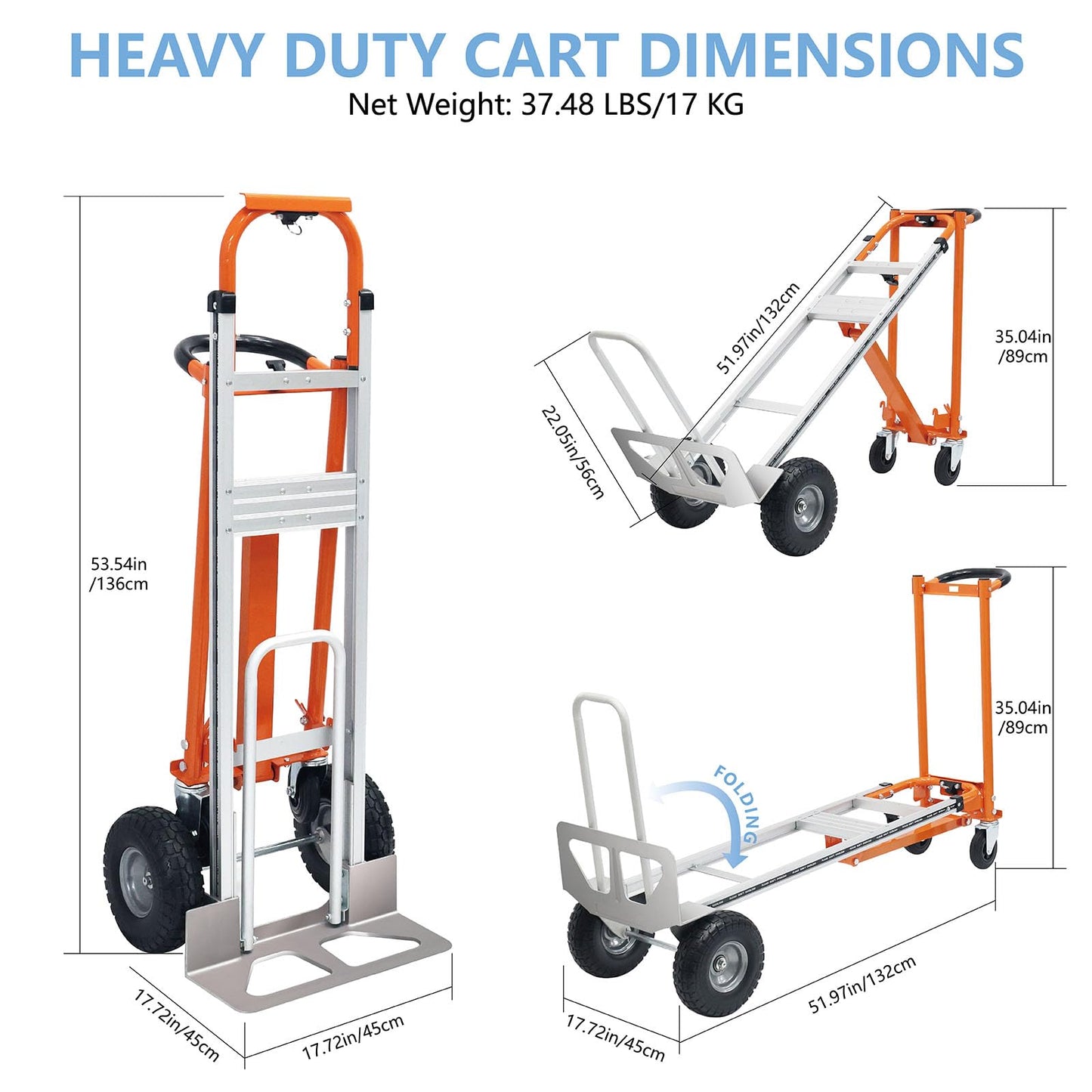 4 in 1 Convertible Hand Truck, Folding Hand Truck Dolly Cart with Solid Wheel, 1000LBS Heavy Duty Aluminum Hand Dolly for Logistics, Shopping, Home, Office Moving