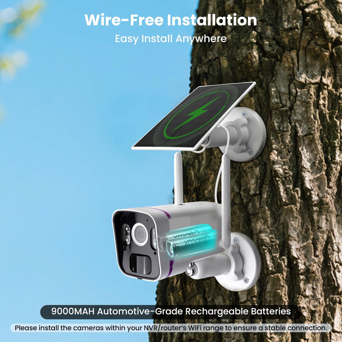 xmartO Solar Wireless Security Camera System, 10CH 4K Expandable WiFi 6 NVR 10 * 4MP 2K Outdoor Cameras, Weatherproof Solar, IR&Color NV, Long-Range WiFi Mesh, Free 2-Years Video, No Monthly Fees
