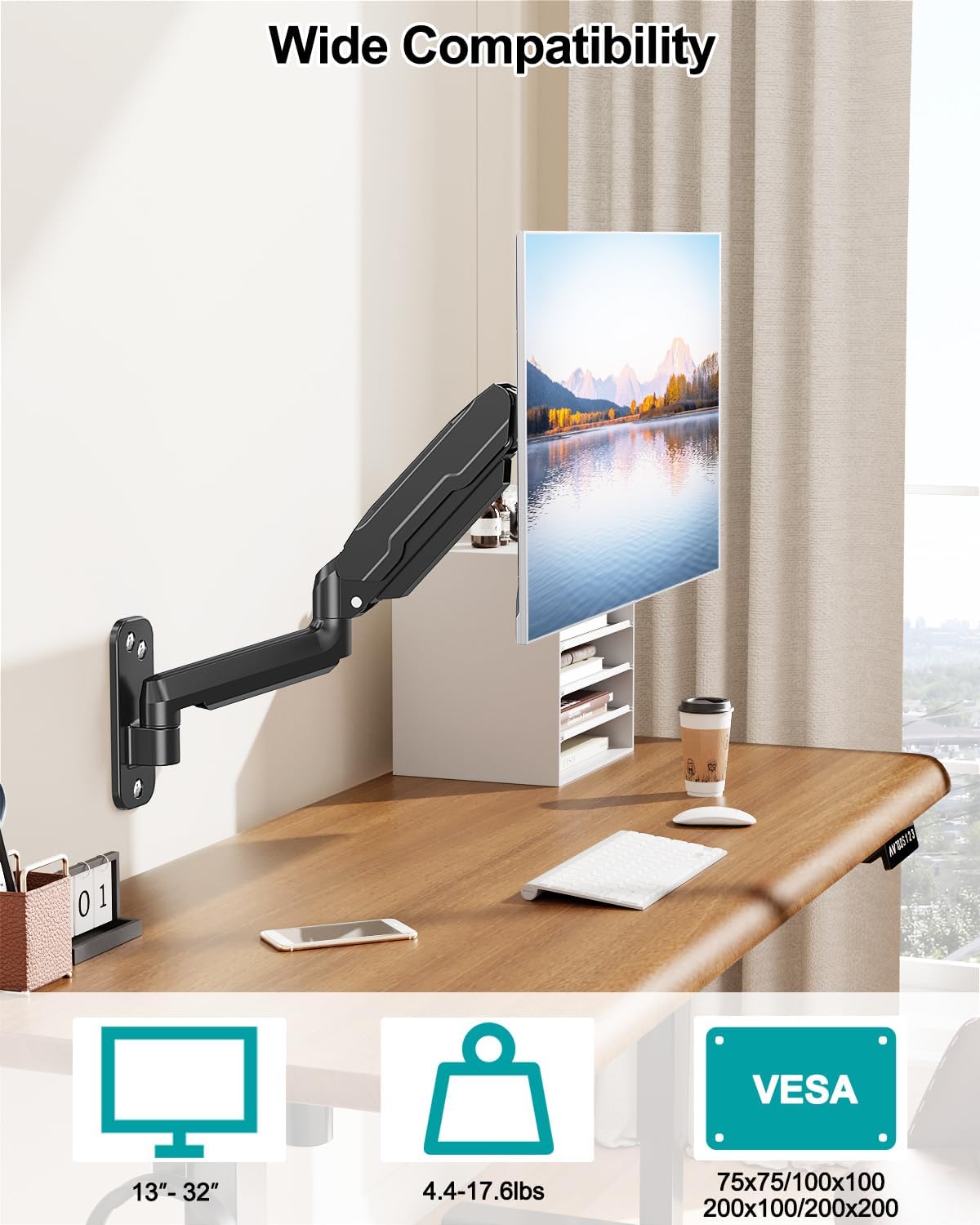LIFTGO 32 Inch 19.8lbs, 75x75, 100x100, Wall Mount Monitor Arm for Max Computer Screens, Height Adjustable Single