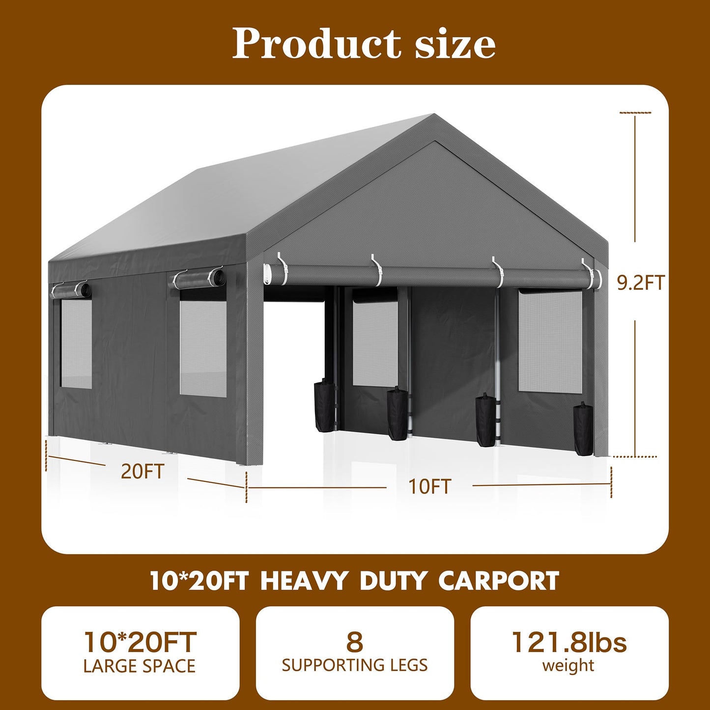 Nuturelly 10x20 FT Carport, Heavy Duty Carport Canopy with Roll-up Windows, Portable Garage with Removable Sidewalls & Doors, Car Canopy with All-Season PE Tarp for Car, Truck, Boat, Gray