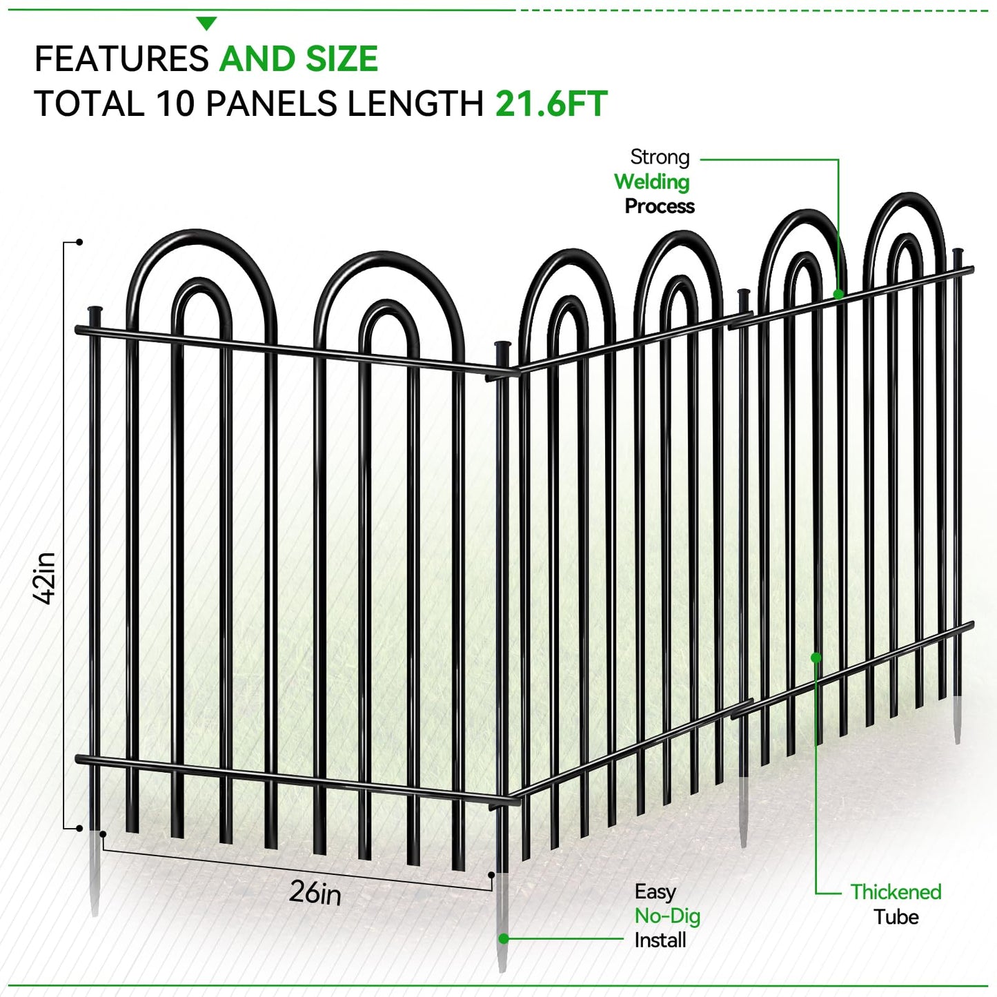 10 Panels Garden Fence, 42in(H)×21.6ft(L) Tall No Dig Fence Animal Barrier, Heavy Duty Metal Tube Decorative Garden Edging Border, Ground Defense Temporary Fencing for Outdoor Yard, Black