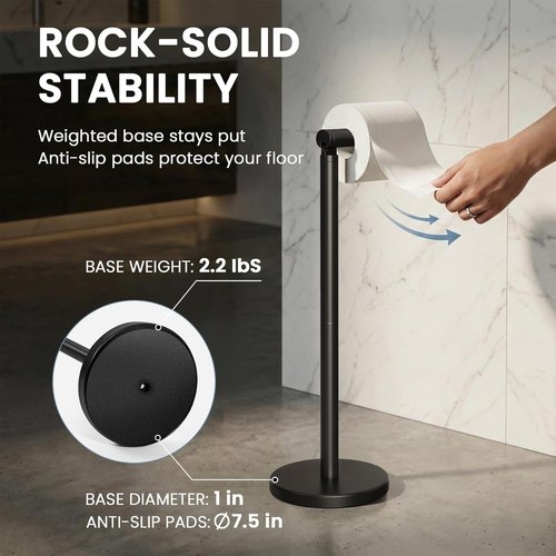Cesun Toilet Paper Holder - Free Standing Matte Black Design with Heavy Weighted Base | Stainless Steel Storage