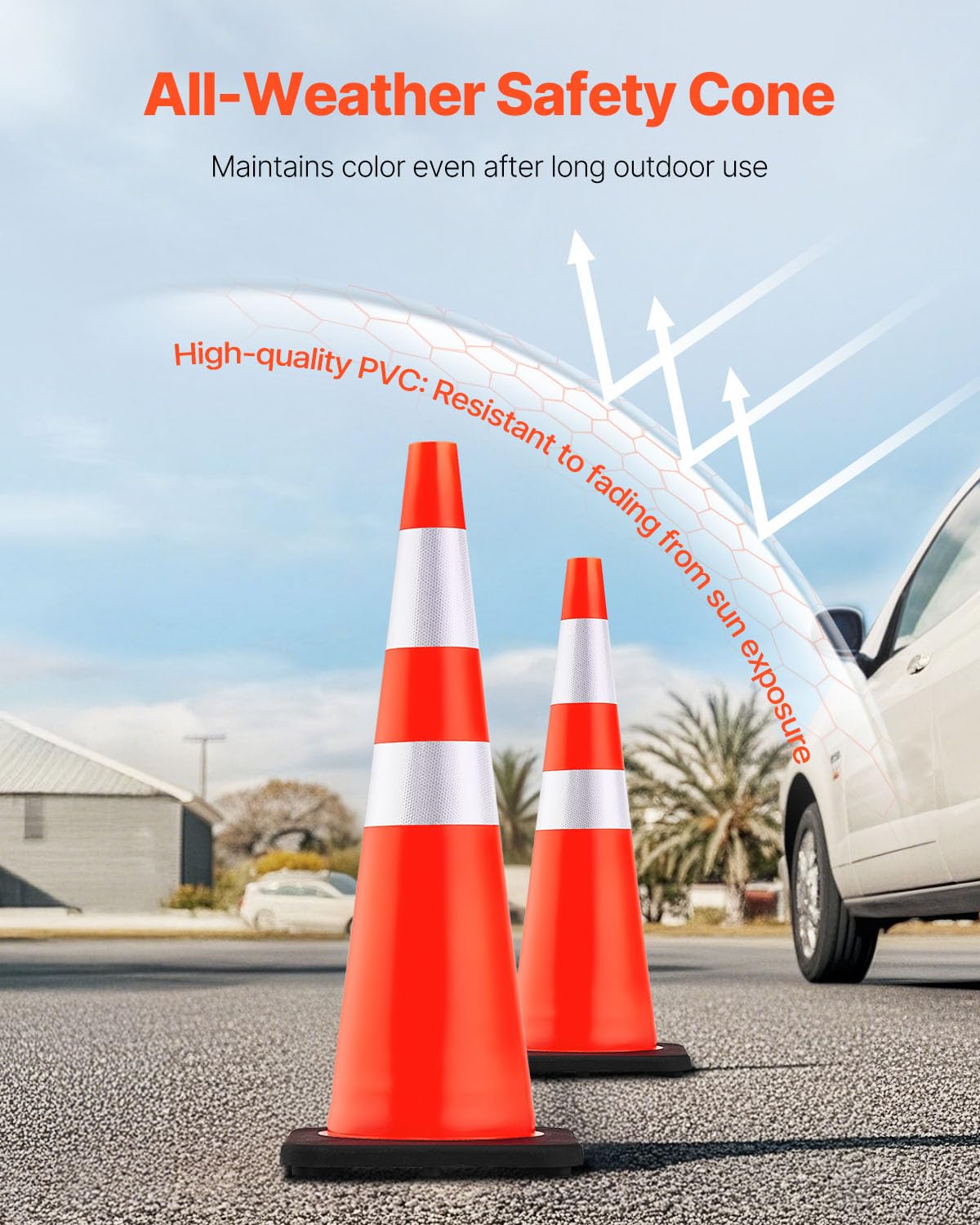 VEVOR Safety Cones, 6 Pack 36" Traffic Cones, PVC Orange Construction Cones with Reflective Collars and Black Weighted Base, for Traffic Control, Driveway Road Parking and School Improvement
