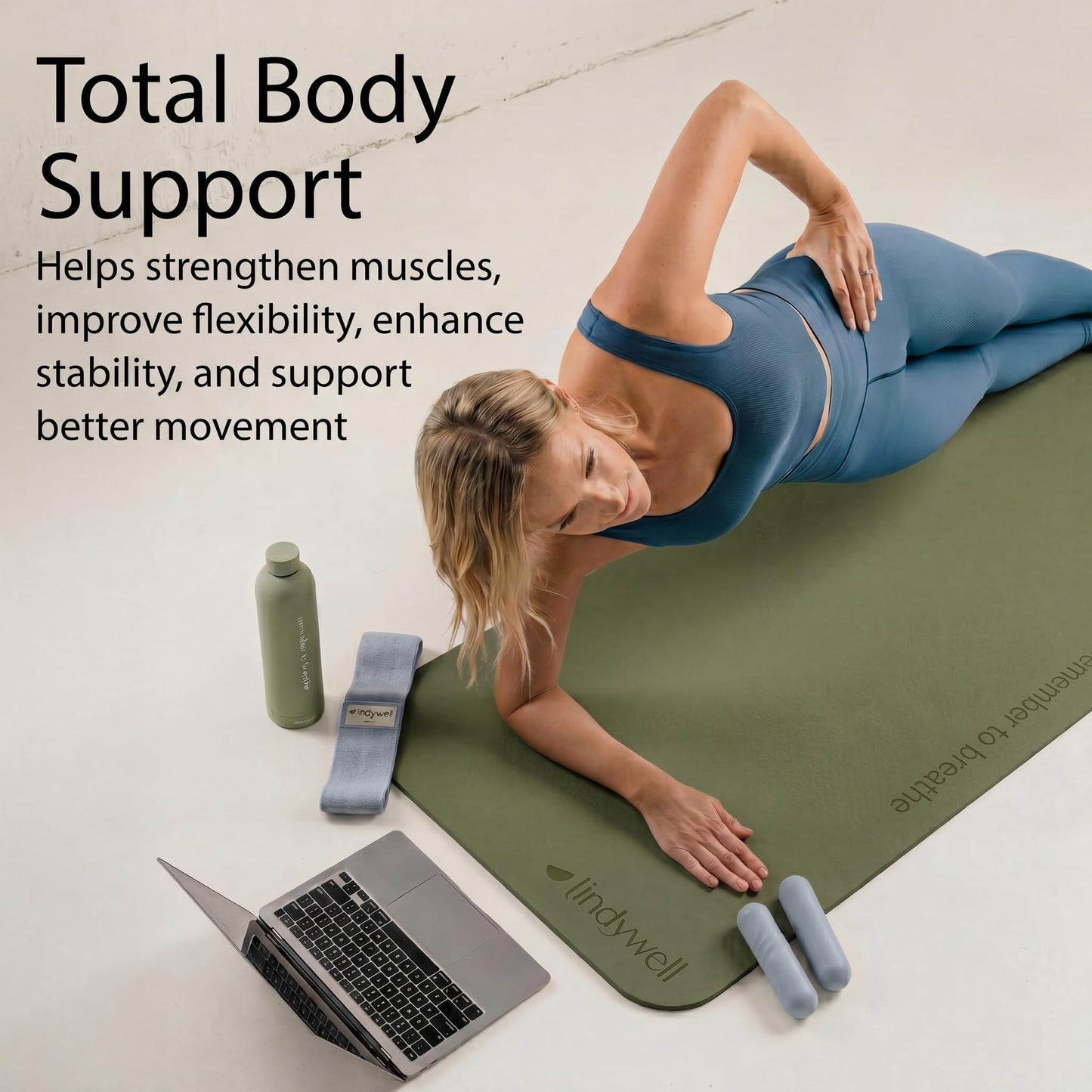 Lindywell Pilates Powerhouse Workout Mat – Non-Slip Yoga Mat Made from Premium TPE Foam – 6mm Thick Pilates Mats to Provide Spine Support & Comfortable Workout – 6ftx26in, Dark Olive