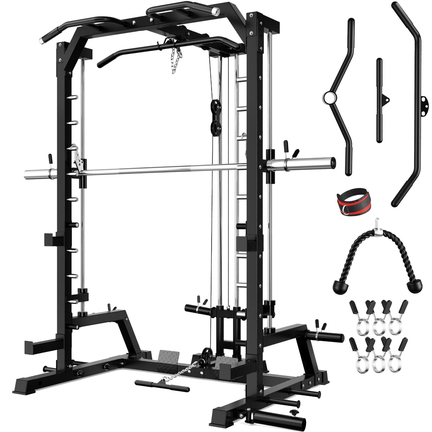 JELENS SR01 Smith Machine, 2000LBS Multi-Function Power Cage with LAT Pulldown System, All-in-One Home Gym Squat Rack with Smith Bar and Training Attachments (Black, SR01 Smith Machine)