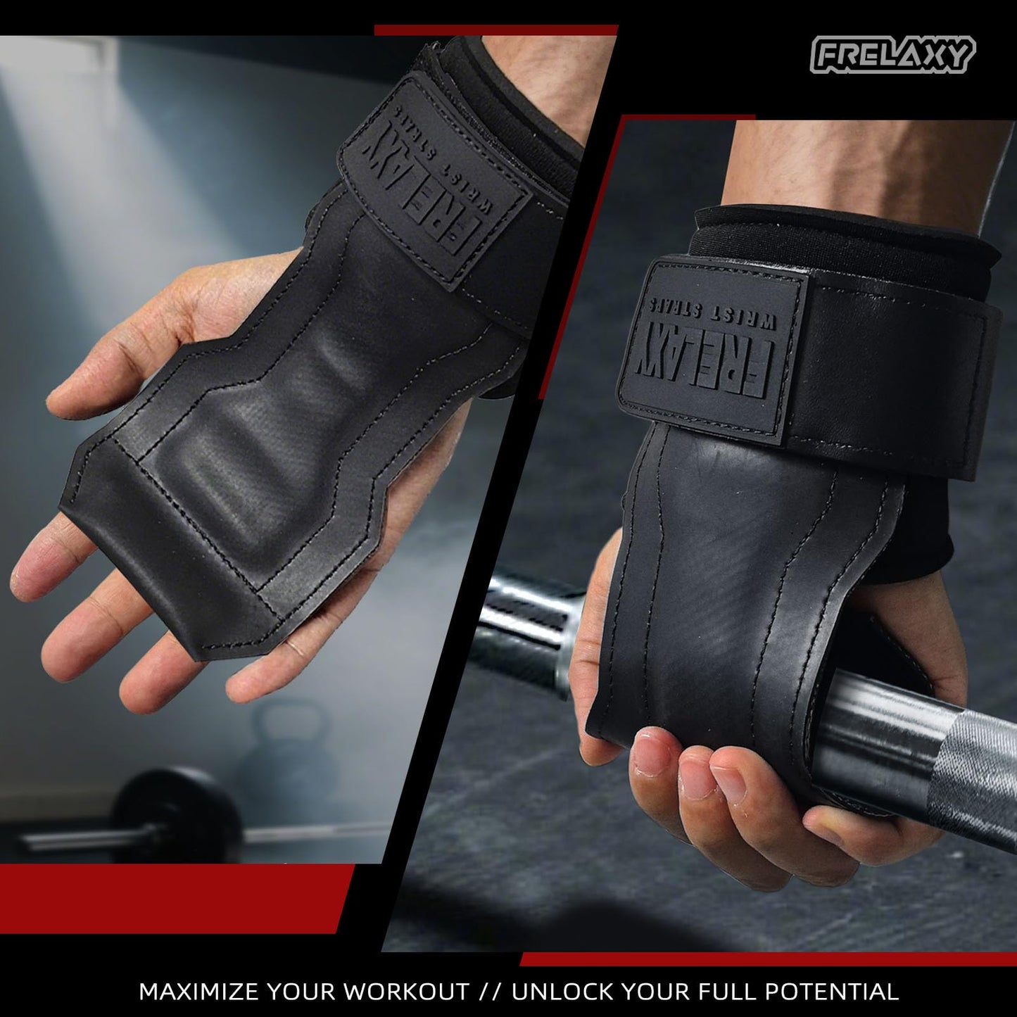 Frelaxy Lifting Wrist Straps, Rubber Weight Lifting Grips with Non-Slip Palm & Wrist Wraps Support for Deadlifts, Pull Ups, Rows, Heavy Powerlifting, Lat Pulldowns (Black)