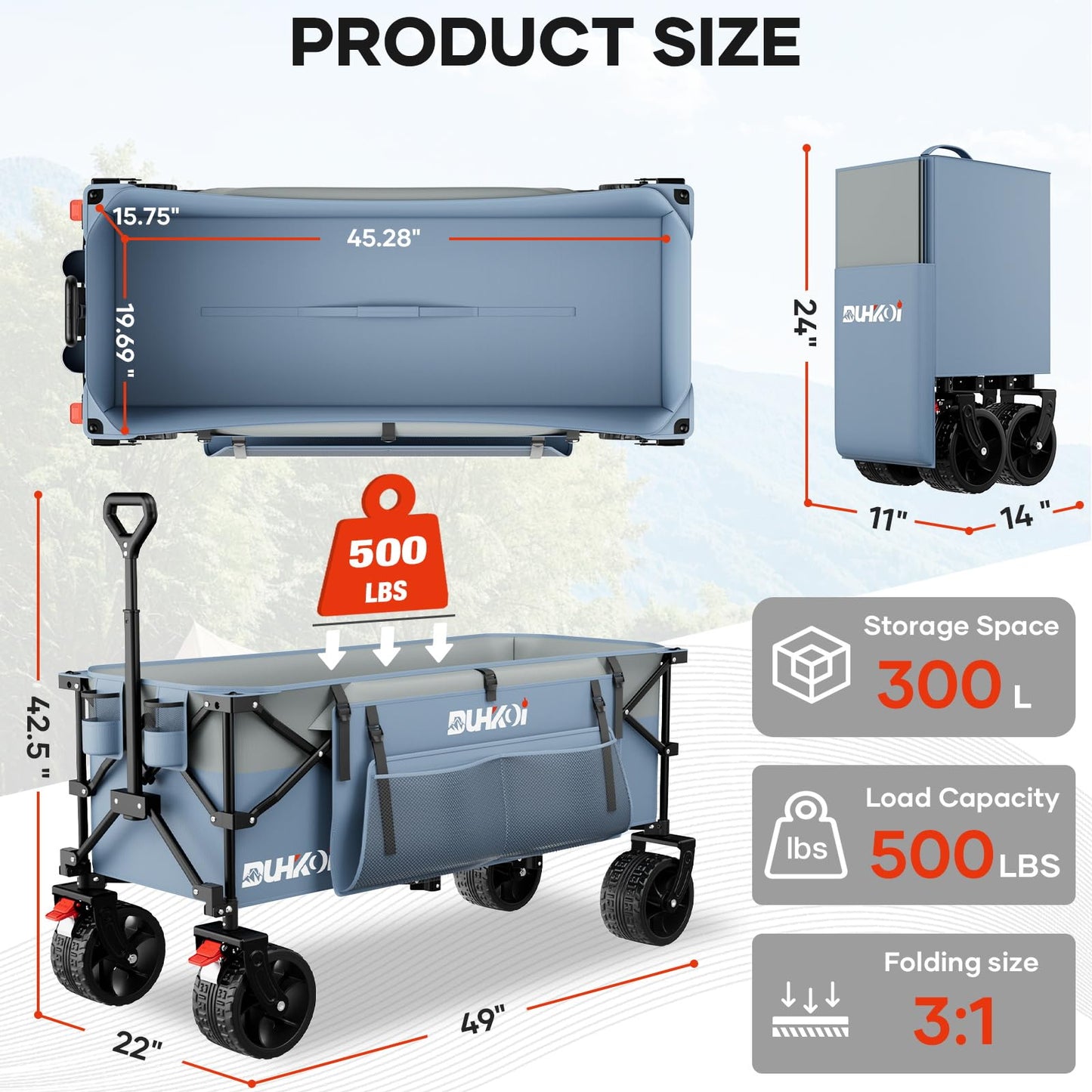 Duhkoi 49" L Collapsible Extended Wagon with 500lbs Weight Capacity,300L Heavy Duty Sports Wagon,Big All-Terrian Wheels with Cup Holders,Cart for Sports,Grocery,Shopping(LightBlue)