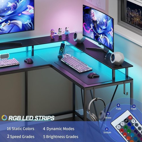 Eivanet L Shaped Gaming Desk with Power Outlets and LED Lights, 53 inch Cornor Computer Desk with Storage Shelves, Gamer Desk with Storage Bag and Hooks Home Office Table for Bedroom Living Room Black