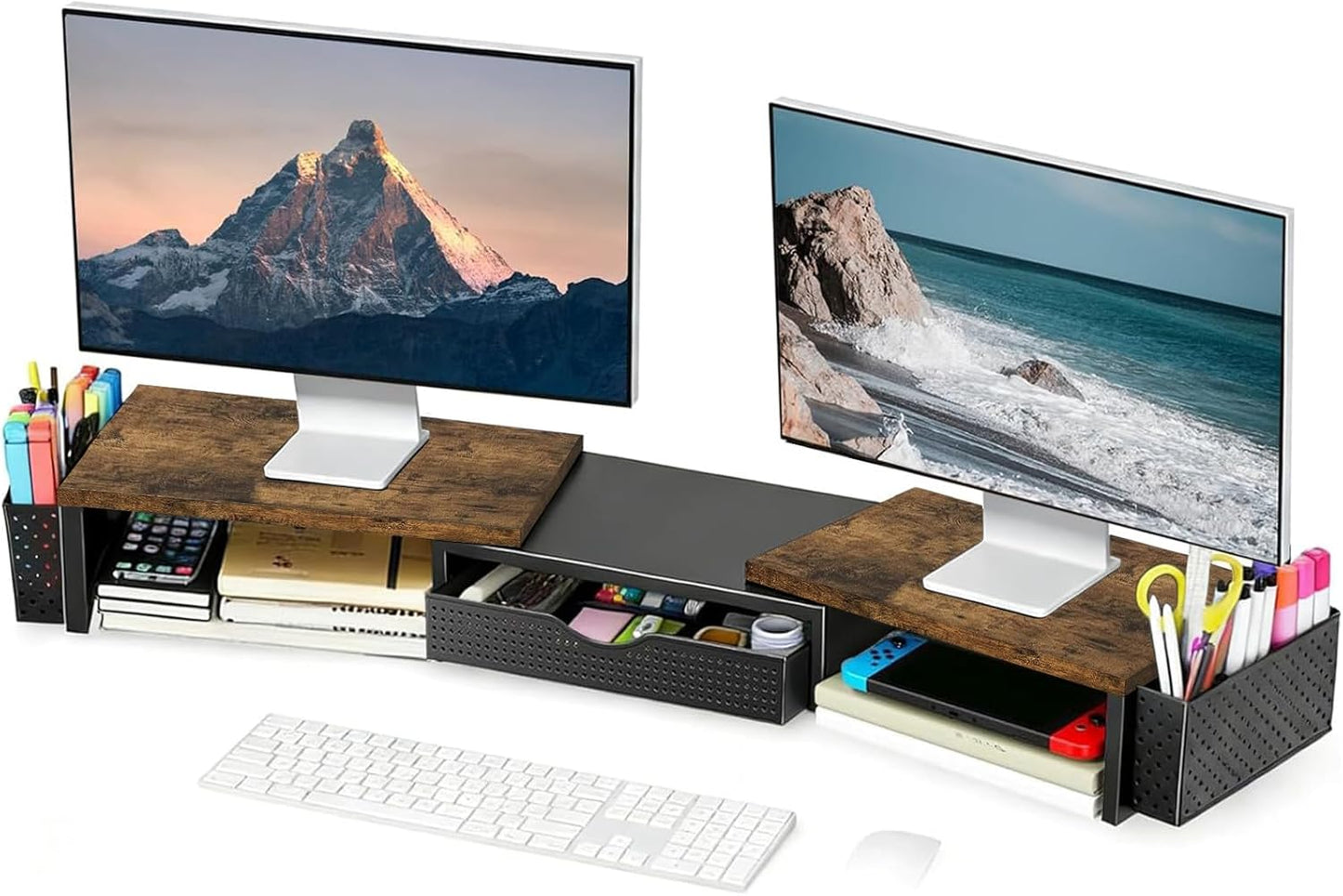2 Spacrea Metal Desk Organizers and Accessories, Dual Monitor Stand Riser with Drawer and Pen Holders, Desk Accessories