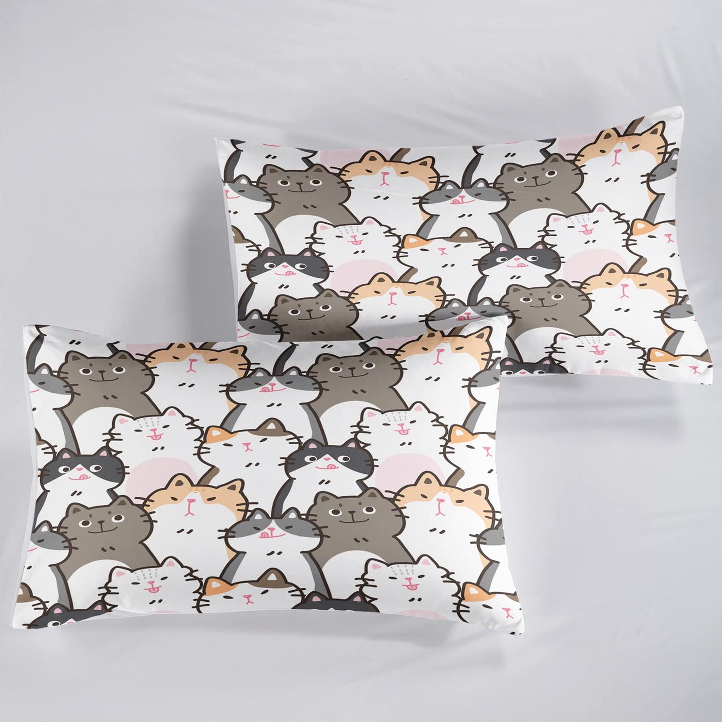 CVHOUSE Cat Fitted Sheet Queen Size,Cartoon Cat Bed Sheet Set for Kids Teens,Kawaii Bedding Set,1 Flat Sheet & 1 Fitted Sheet with 2 Pillow Cases - 4 Piece