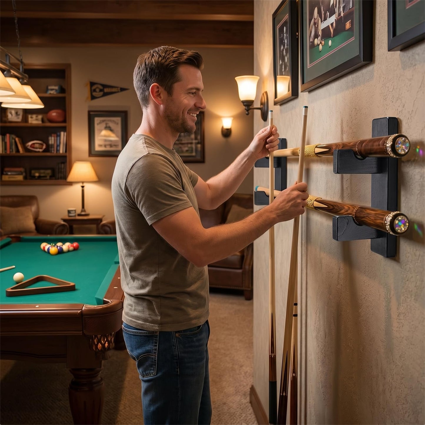 ERMMZHZW Pool Stick Holder Wall Mount Pool Stick Rack Billiard Cue Racks,Horizontally displays two billiard cues on the wall, Suitable for organizing billiard table accessories and equipment (1 pair)