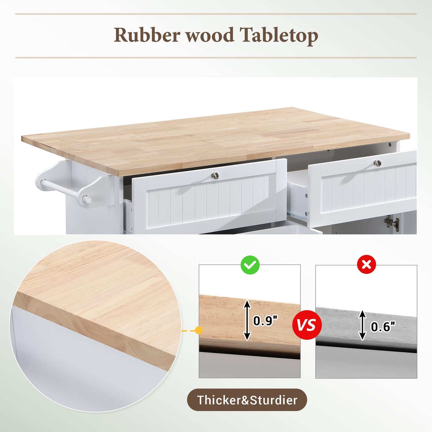 Bellemave 3 Piece Kitchen Bar Table Set Kitchen Island Set with 2 Stools and Drop Leaf, Island Table Set with Seating, Storage Cabinet, Drawers and Towel Rack (White+Rustic Brown)