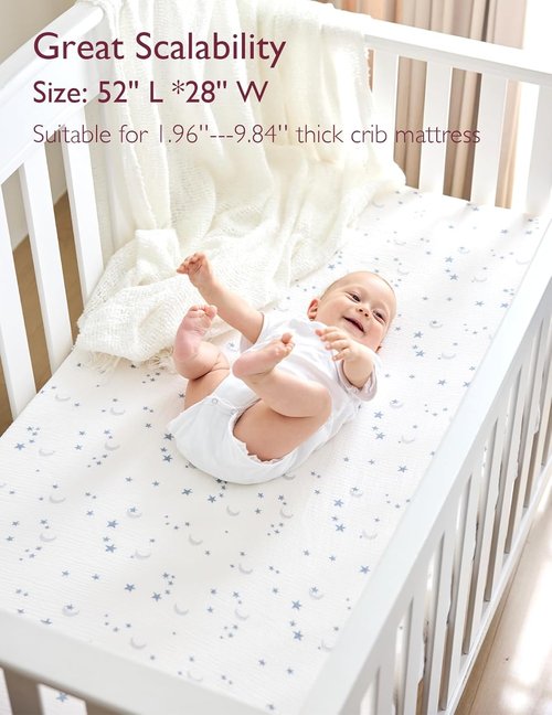 Momcozy Fitted Crib Sheets - Soft Breathable Natural Cotton, 2 Pack, 52"x28", Blue Star & Moon Design