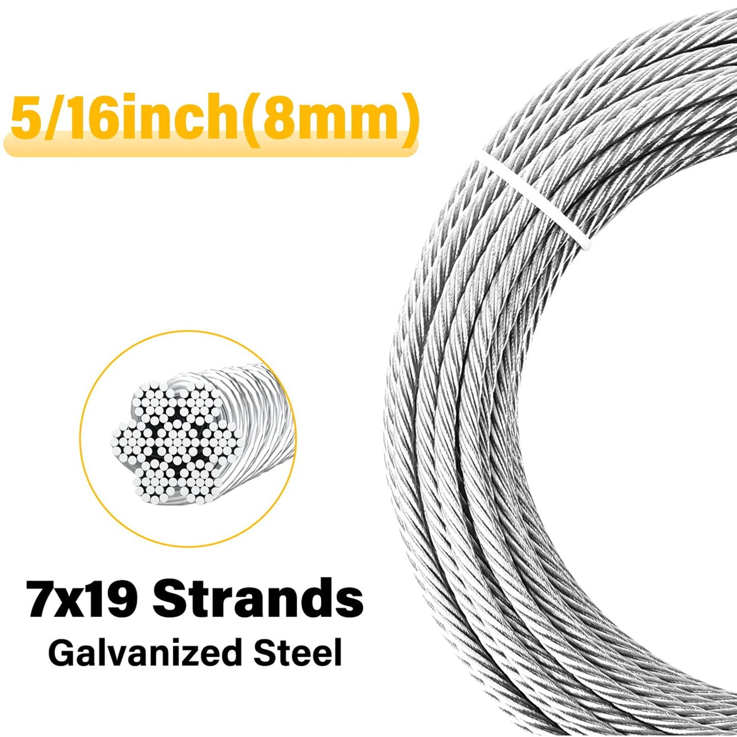5/16" Steel Cable, Sunuwk 150Ft 7x19 Strand Aircraft Cable with Loops, 9800 Lbs Breaking Strength, Heavy Duty Wire Rope with Clamps and Thimbles, for Zipline, Fencing, Deck Railing, Winch Cable