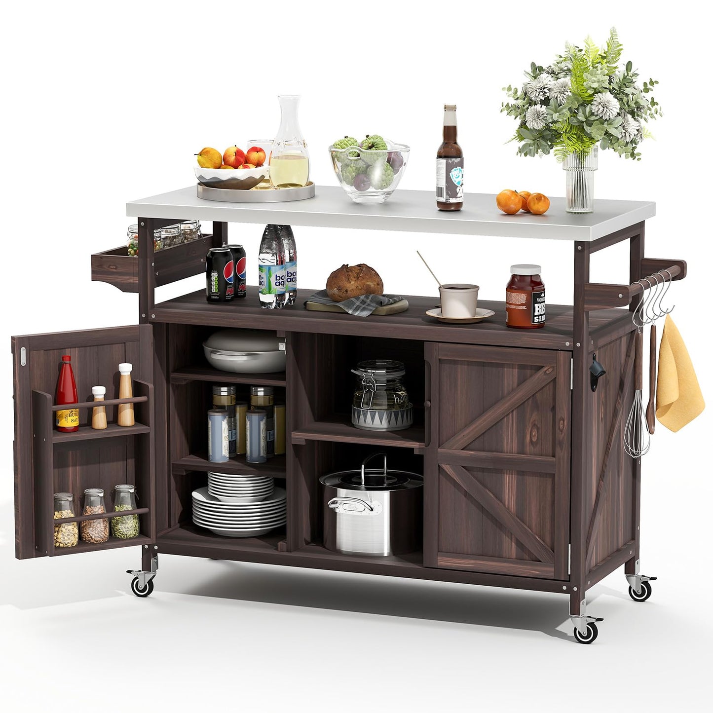 Zevemomo Outdoor Grill Cart with Storage Space, Stainless Steel Tabletop Outdoor Kitchen Island, Fir Wood Outdoor Buffet Cabinet with Lockable Casters for Grilling, Brown