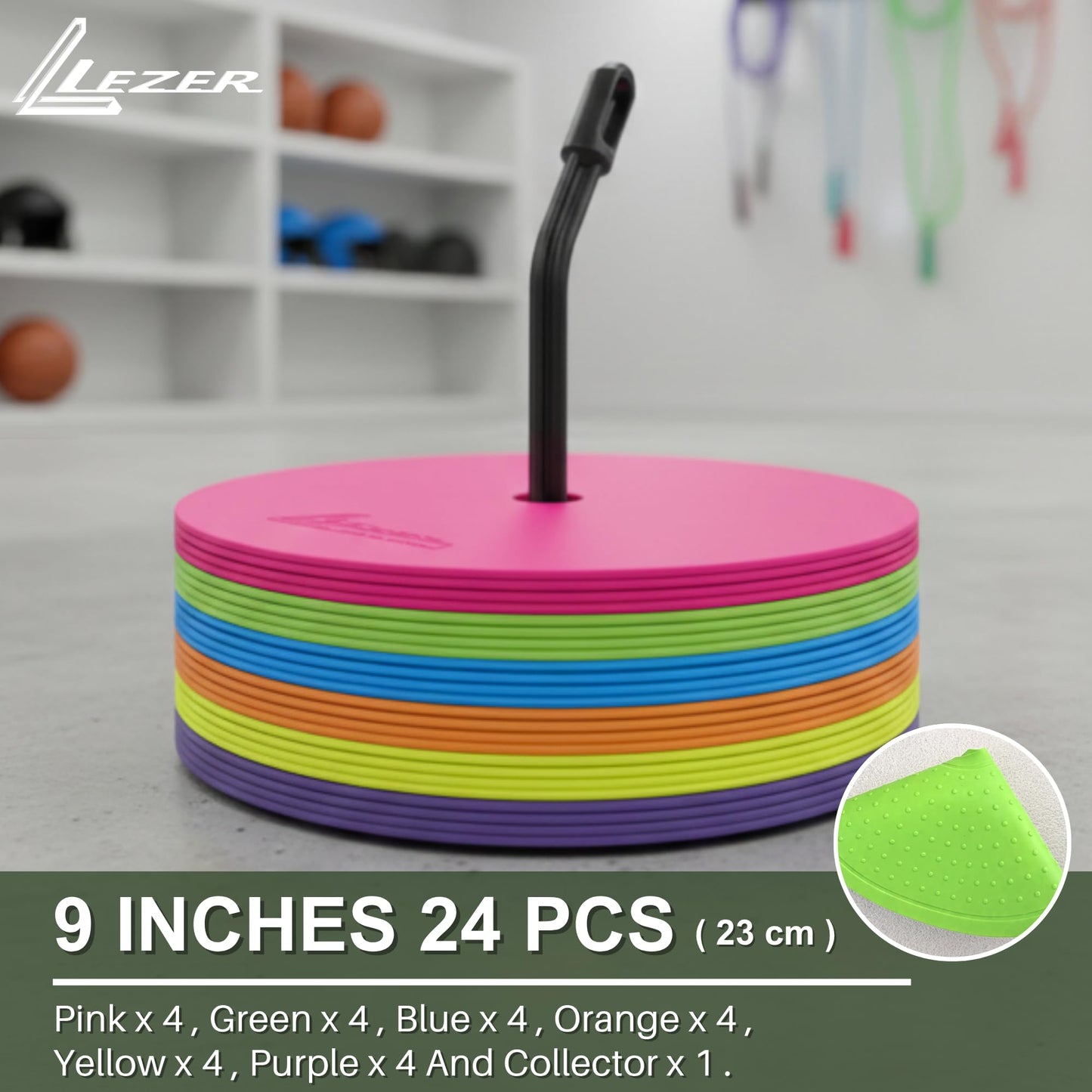 LEZER 9 Inch Flat Cones, Spot Markers, Soccer Cones, Field Court Markers, Sit Spots, Flat Discs, Soccer Training Equipment, Agility Practice, Football, Made in Taiwan, Set of 24